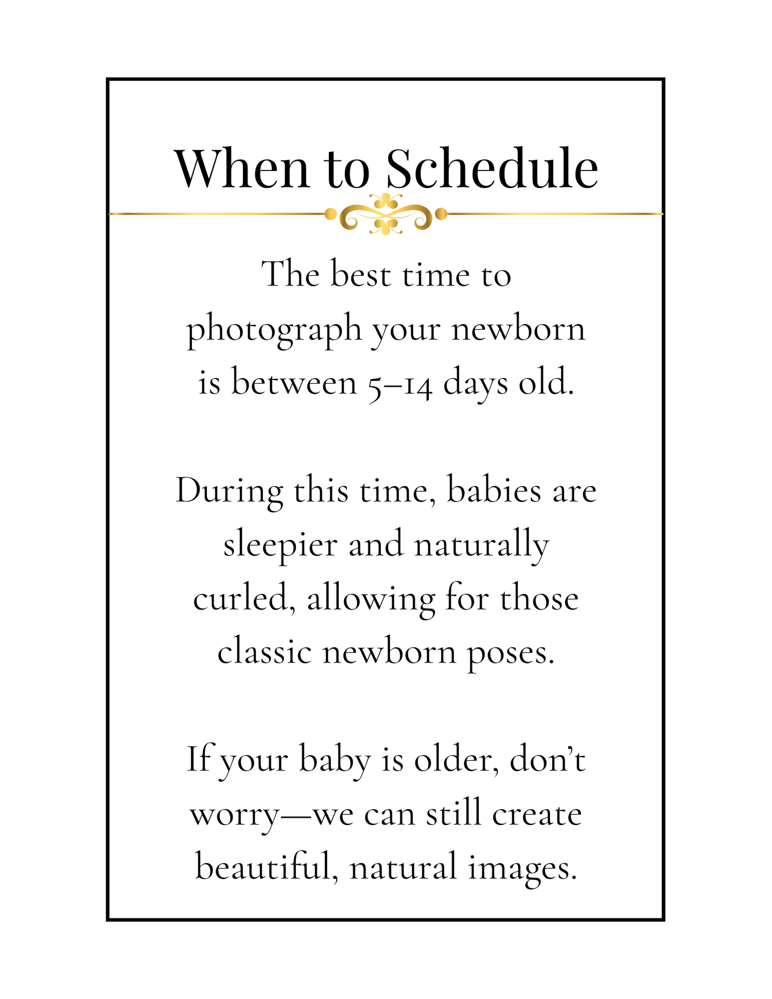 Text graphic showing newborn photography scheduling advice recommending sessions between 5-14 days after birth.