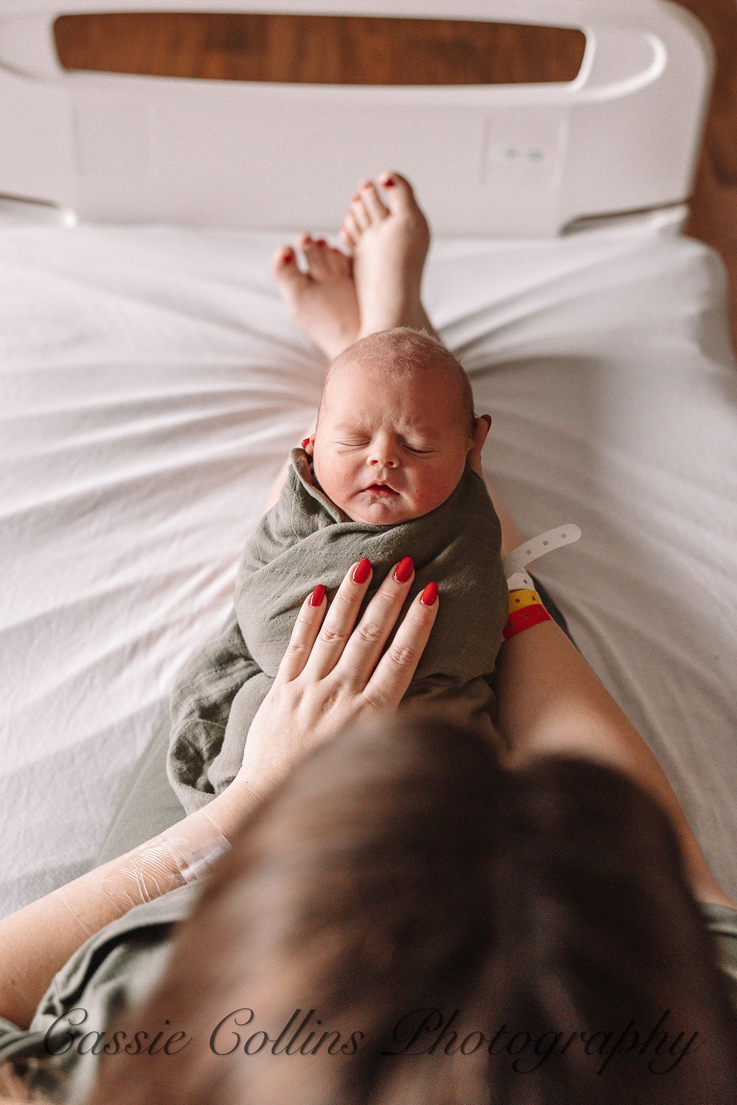 A series of intimate lifestyle photos showing a baby resting on white bedding.