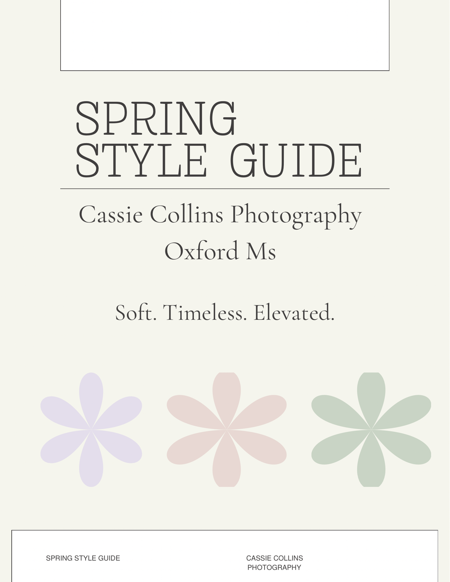 Spring style guide title page with soft floral decorative elements in pastel colors.