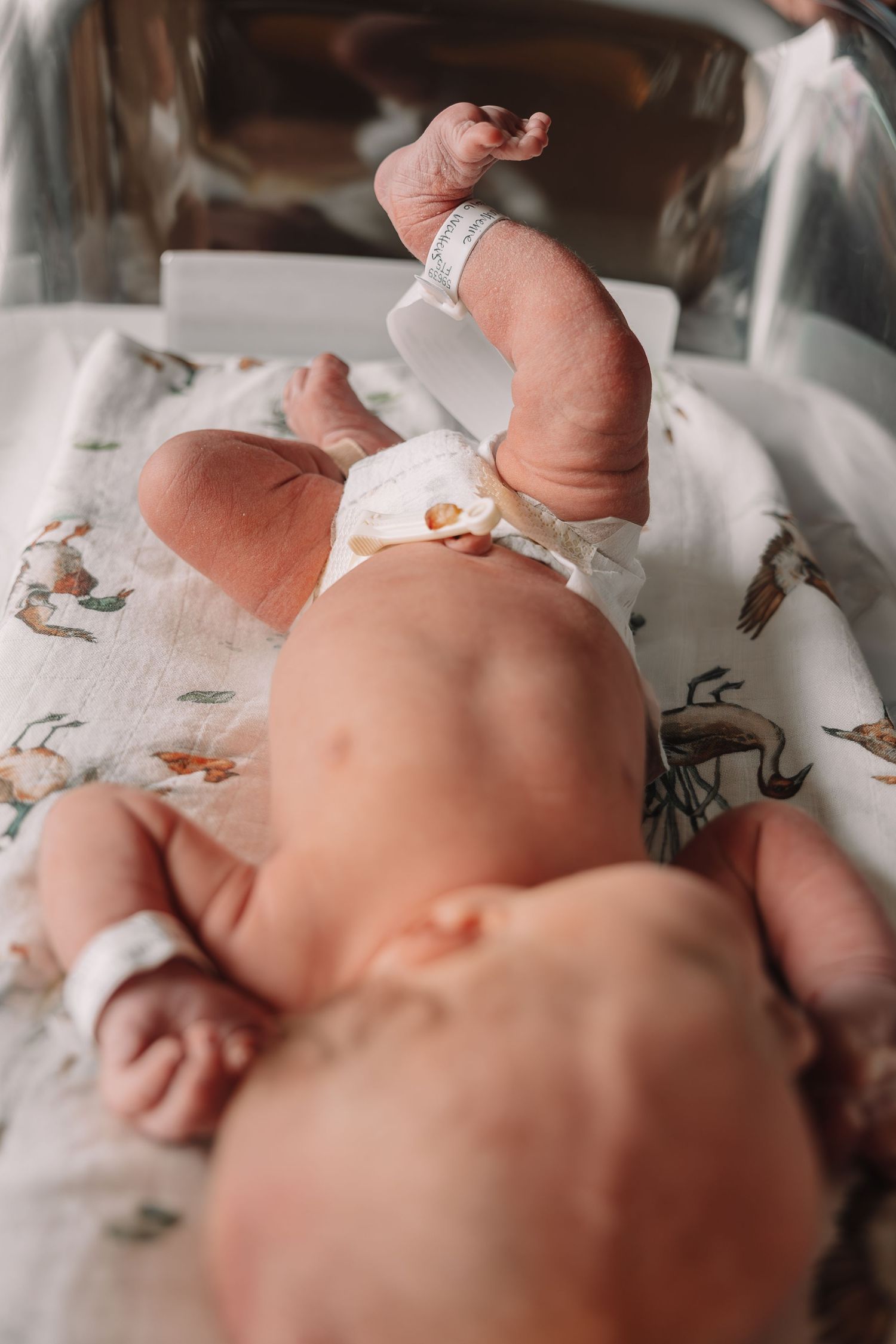 A sleeping infant lies on patterned bedding in a series of connected close-up shots showing peaceful rest.