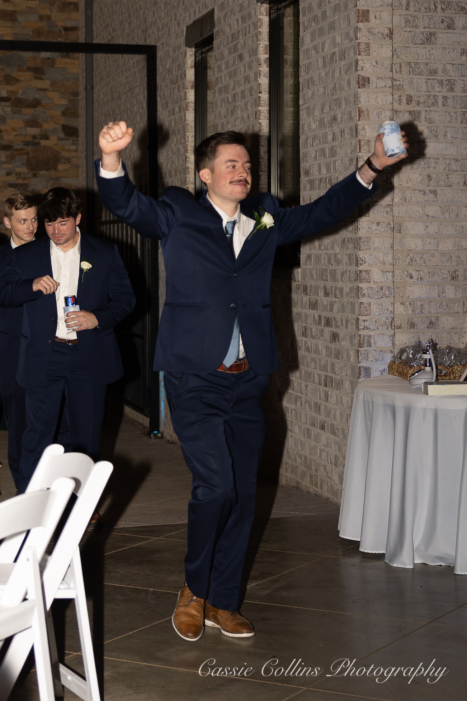 A sequence of four photos showing people dancing and celebrating at a wedding reception with brick walls and white tables.