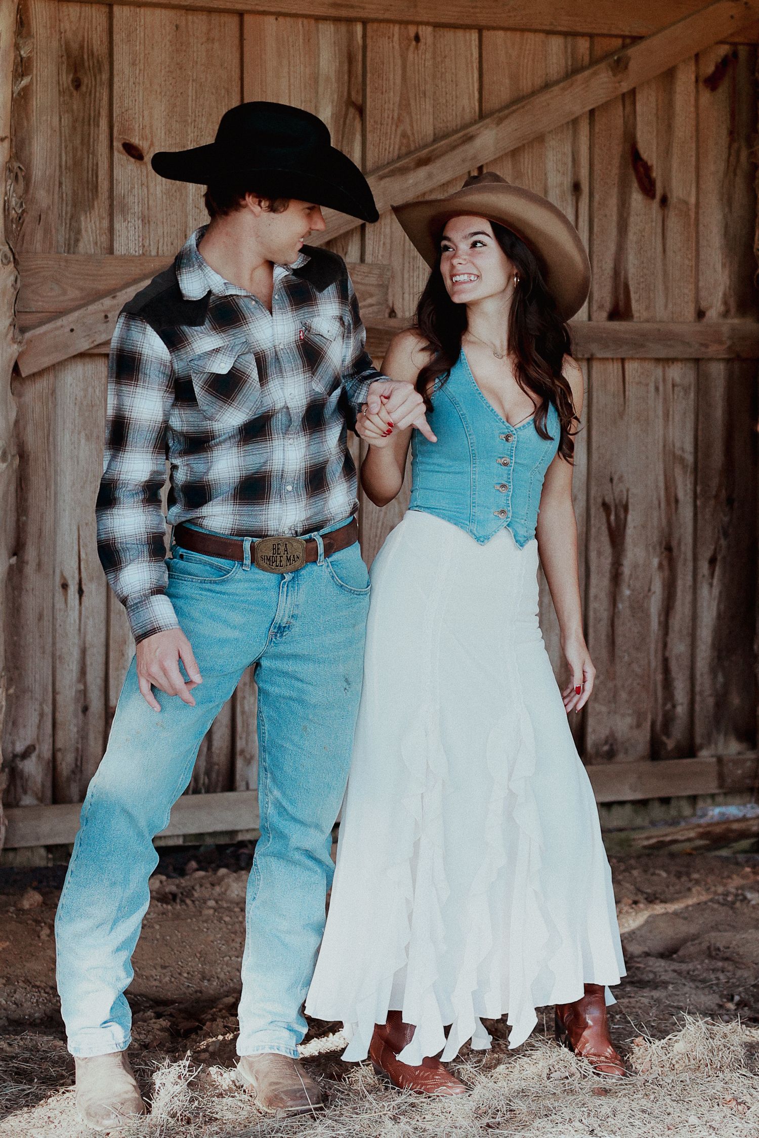 A romantic country-themed photo sequence showing a couple in cowboy boots and western attire dancing in a rustic barn.