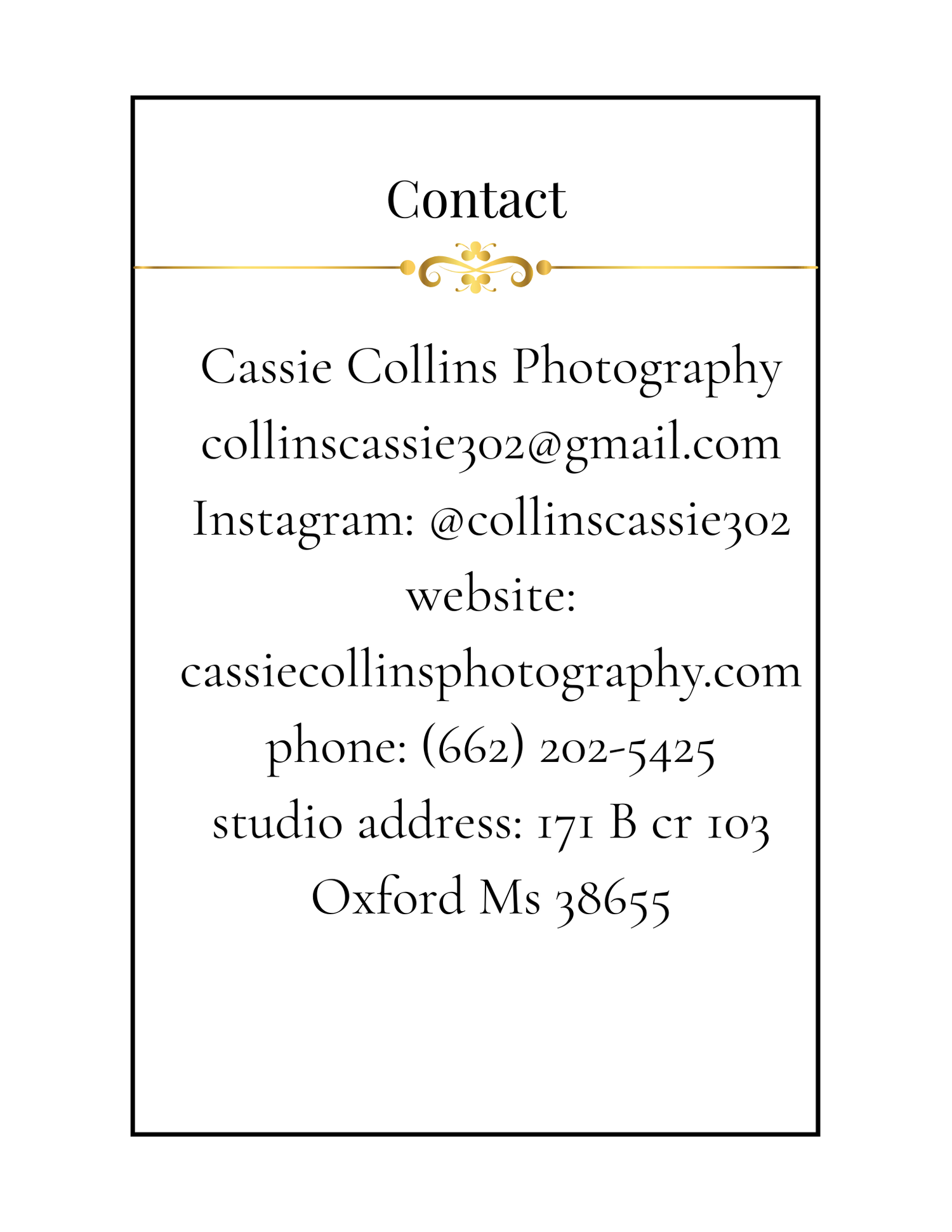 Contact details for Cassie Collins Photography showing email, website, phone and studio address in Oxford, MS.
