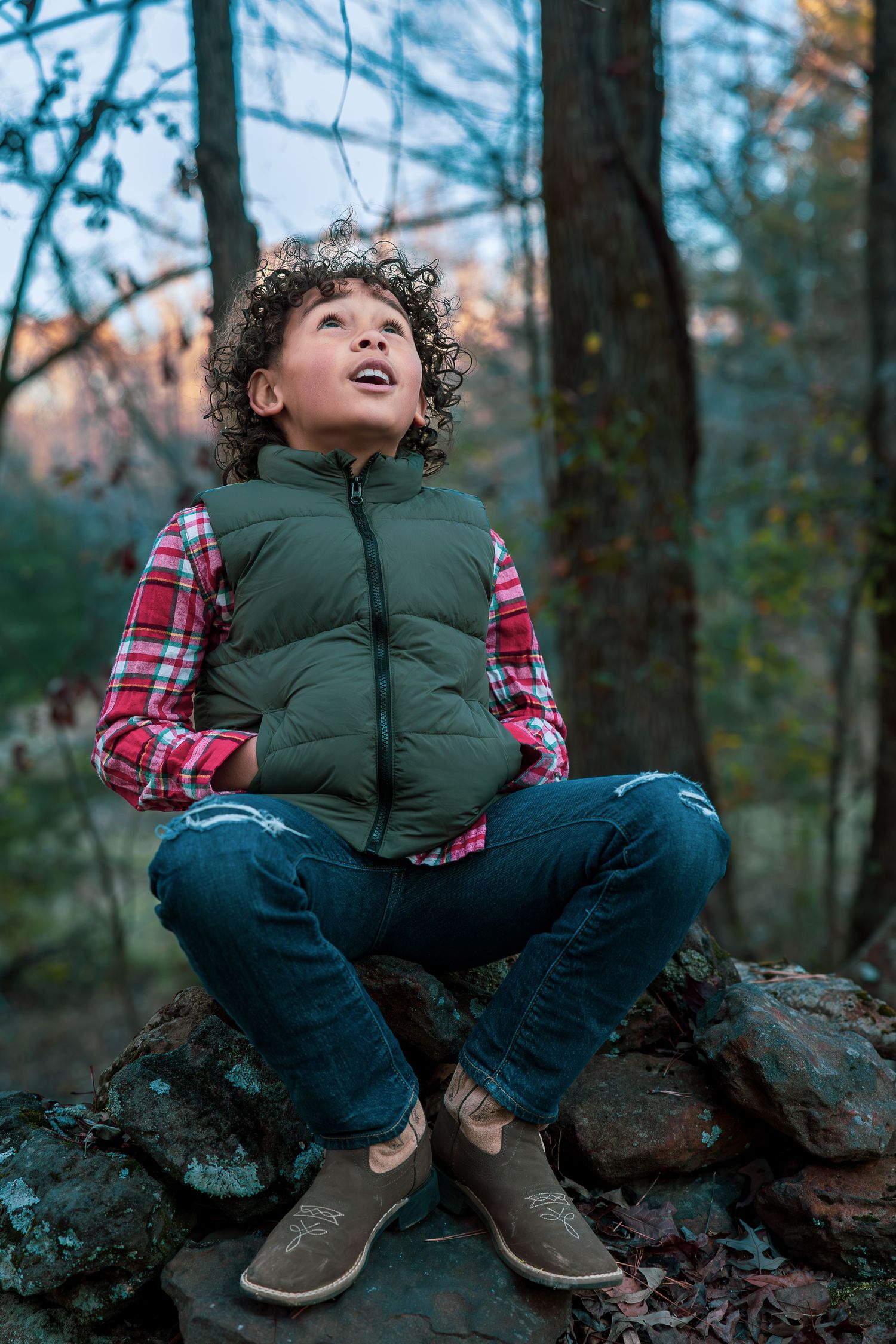 Child in plaid shirt and puffy vest sits on rocky outcrop in moody forest setting during autumn.