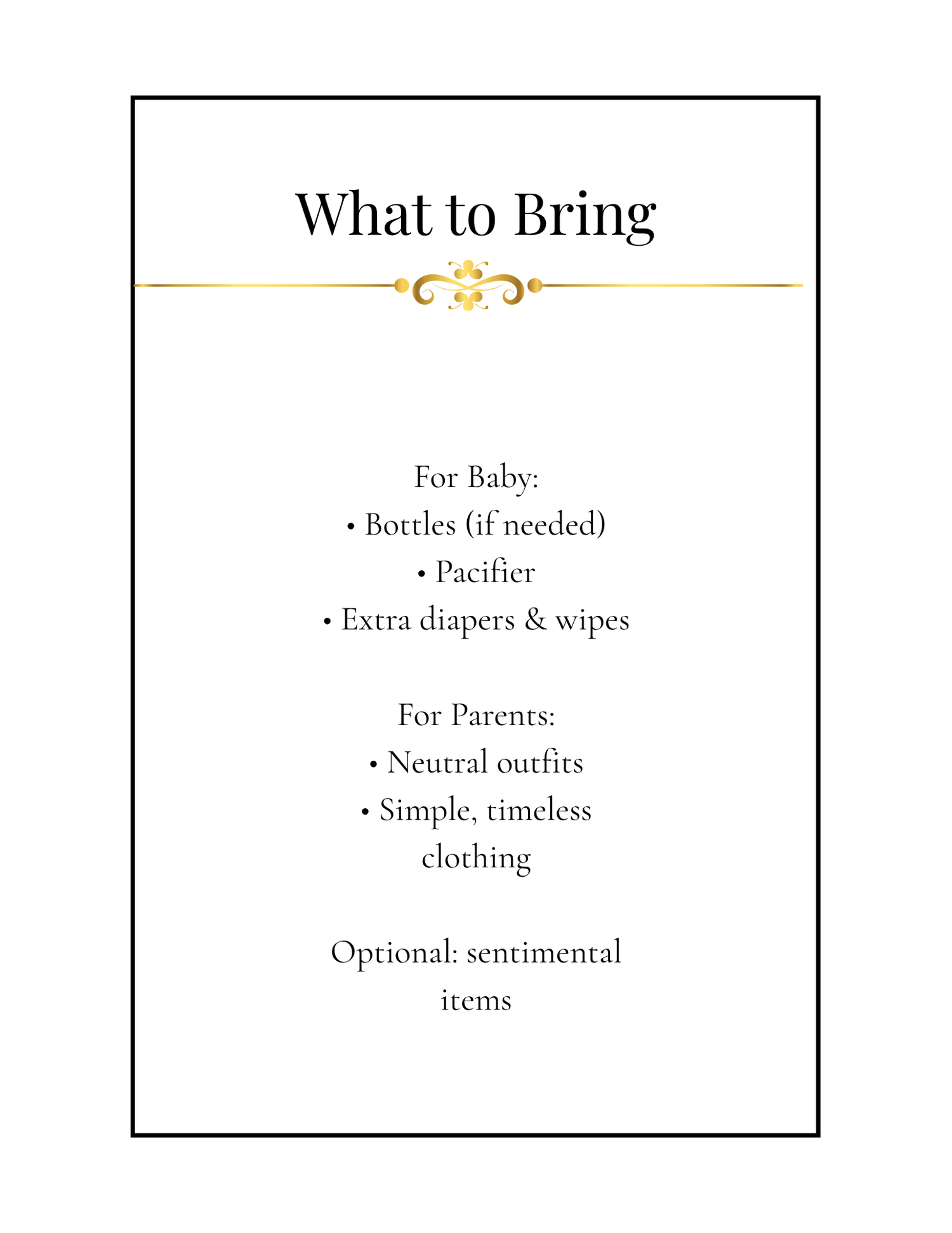 A simple wedding planning checklist showing what to bring, including items for baby and neutral outfits.