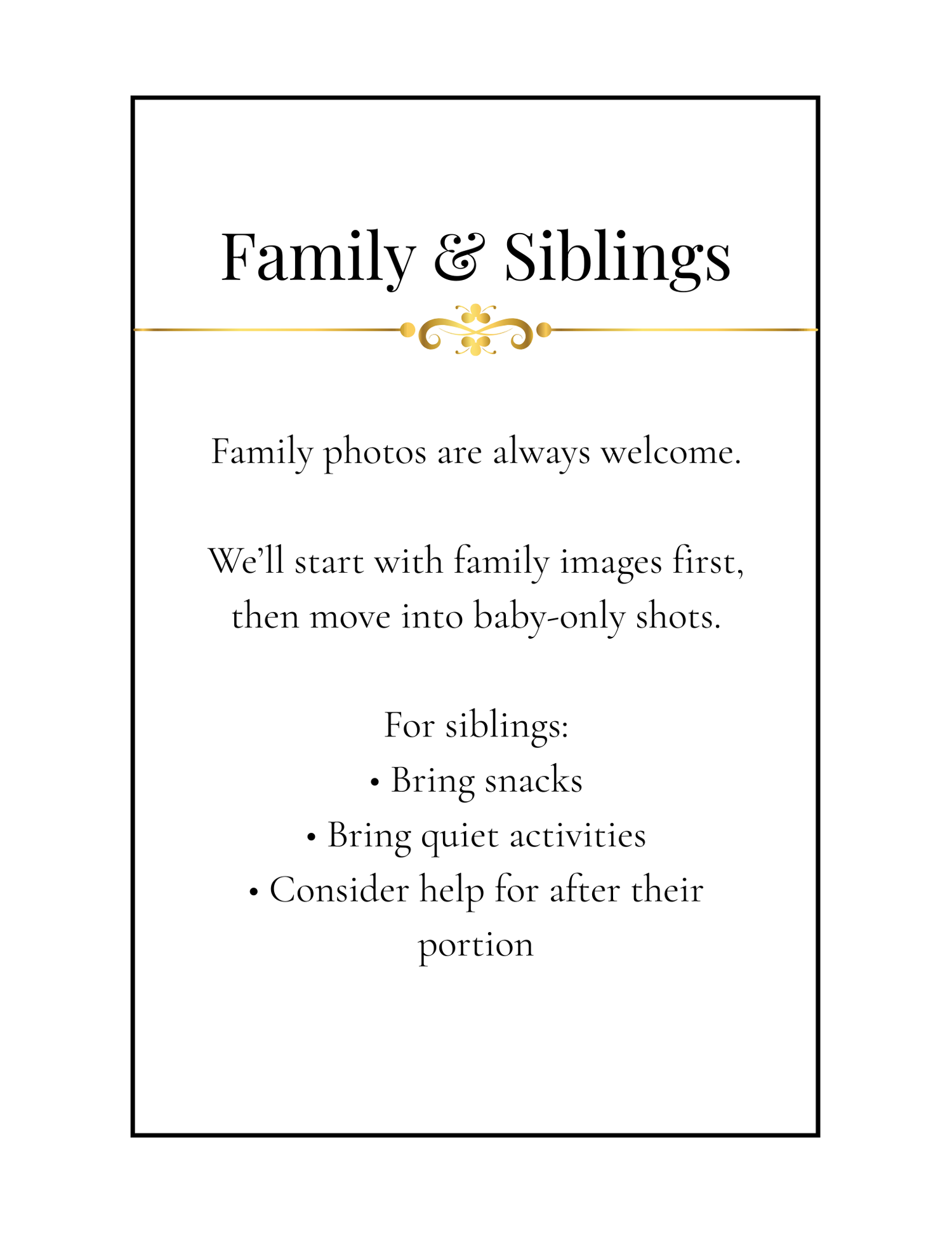 Three text boxes about family photos and siblings showing guidelines for bringing snacks and activities.