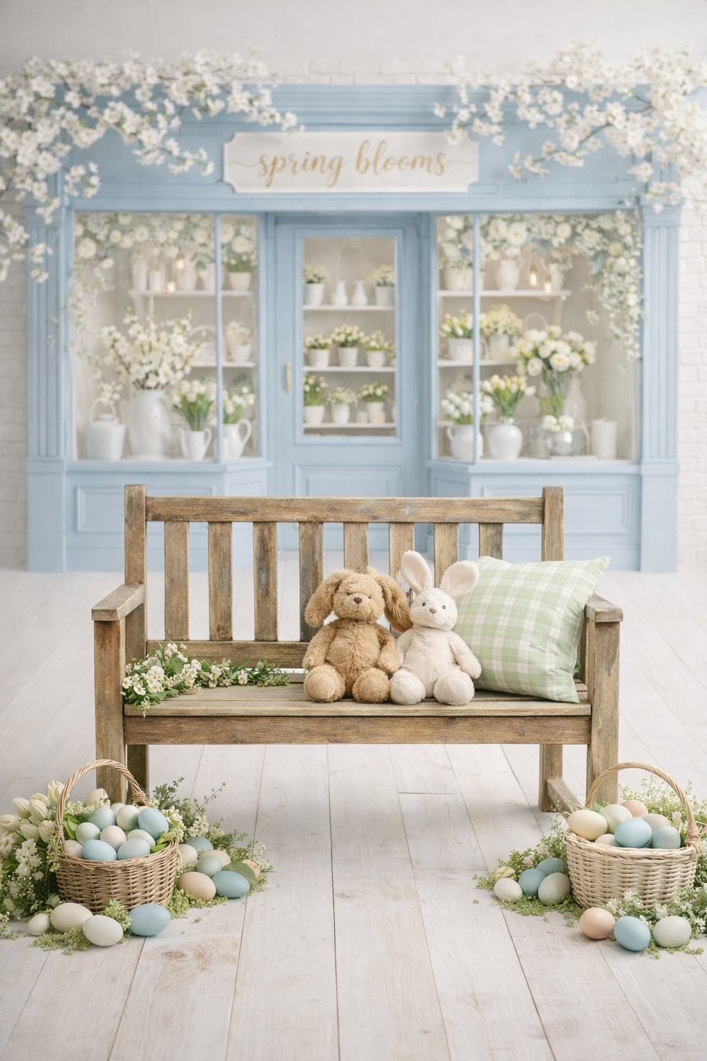 Rustic wooden bench with spring decor featuring plush bunnies, pastel eggs, and white cherry blossoms against a blue backdrop.