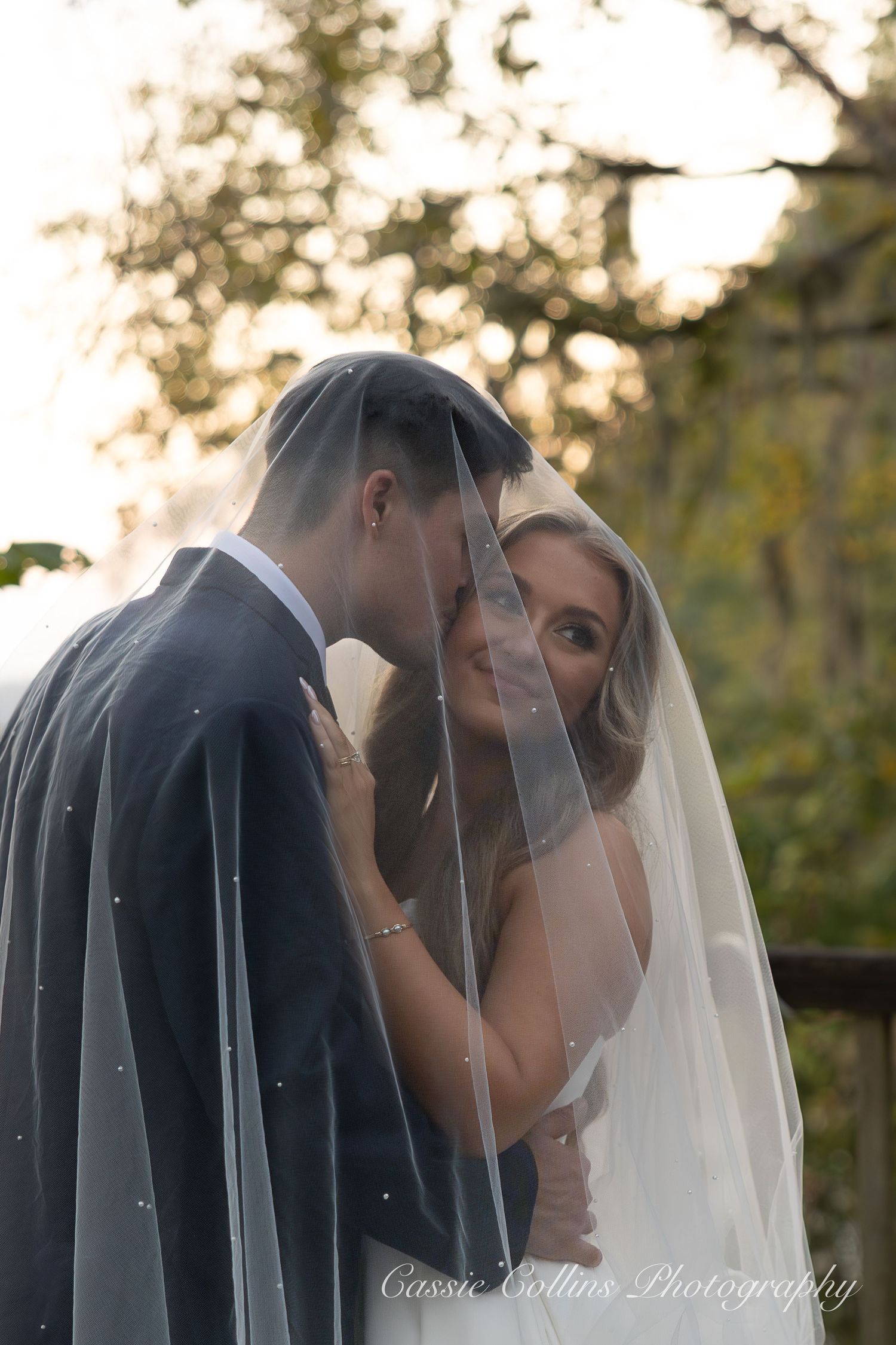 A romantic wedding sequence shows a couple sharing their first kiss under a flowing white veil at sunset.