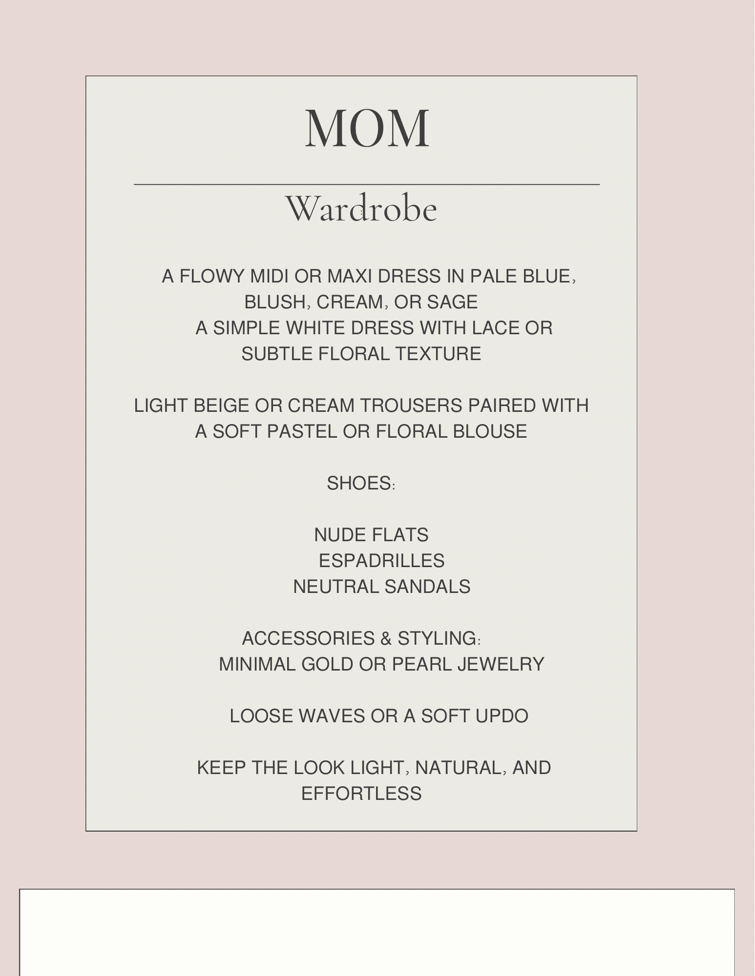 Style guide text for mom fashion showing recommendations for blush, cream and sage colored clothing and accessories.