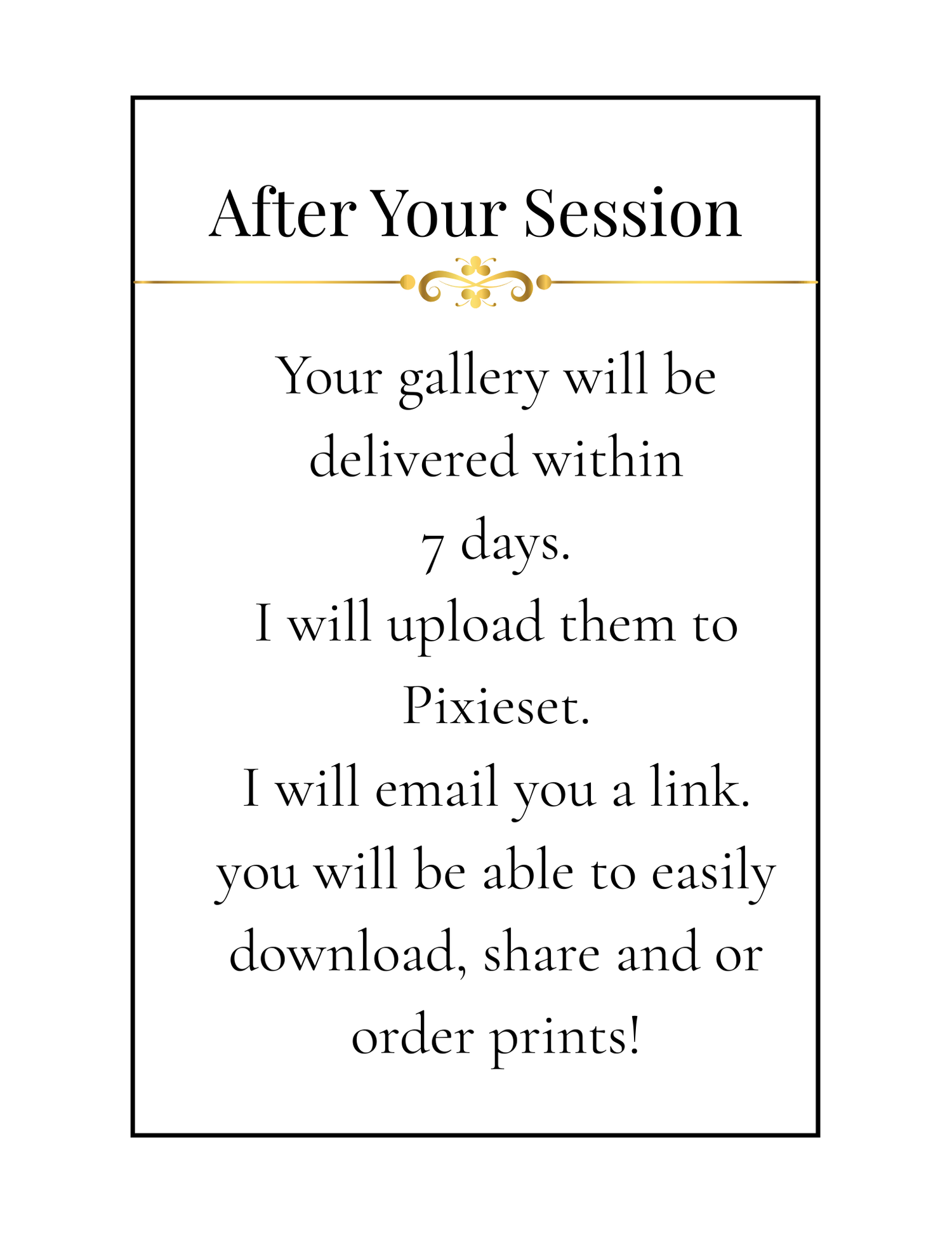 Professional photography session details showing post-session delivery timeline and digital download information.
