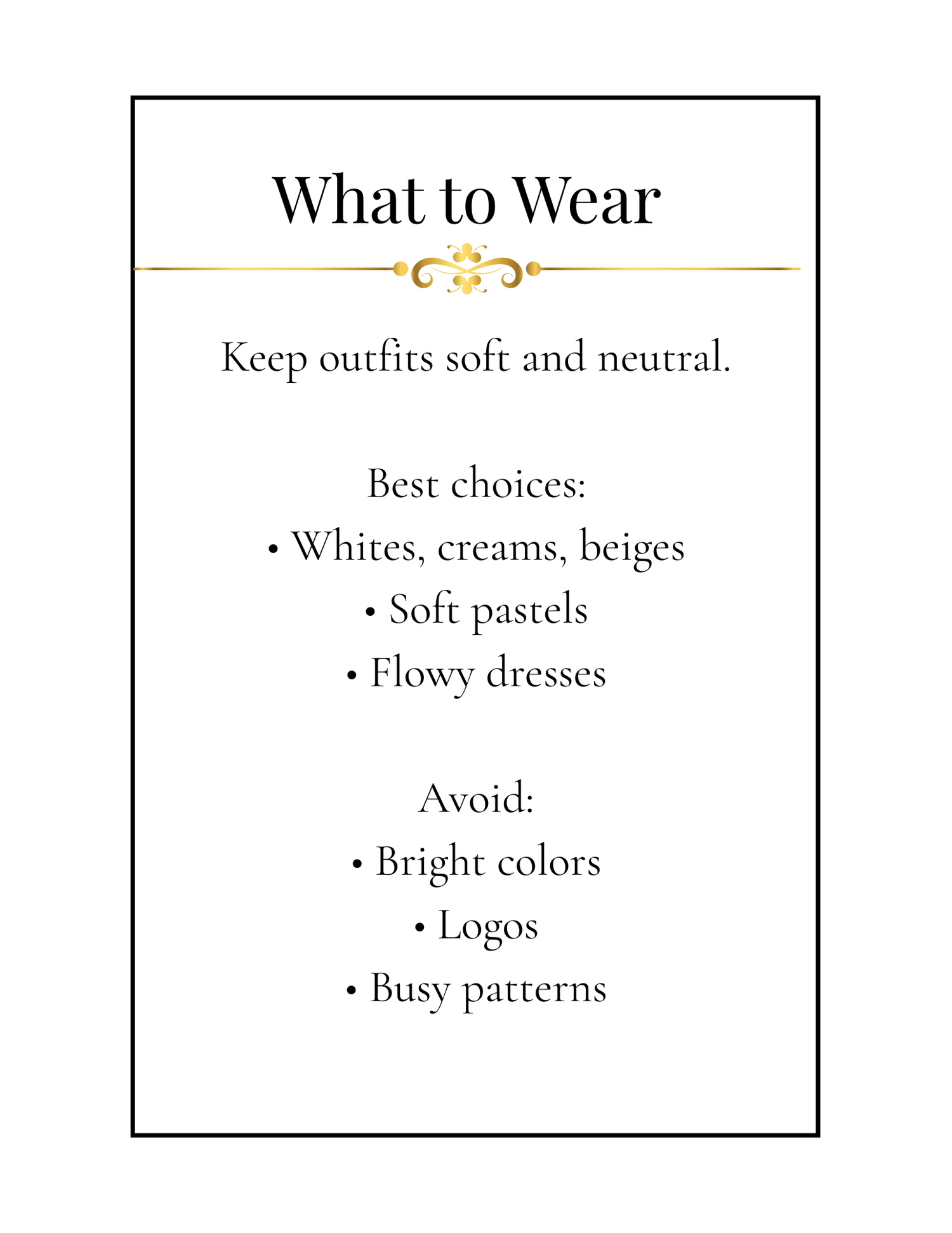 A style guide showing fashion recommendations with text about what to wear and avoid including colors and patterns.