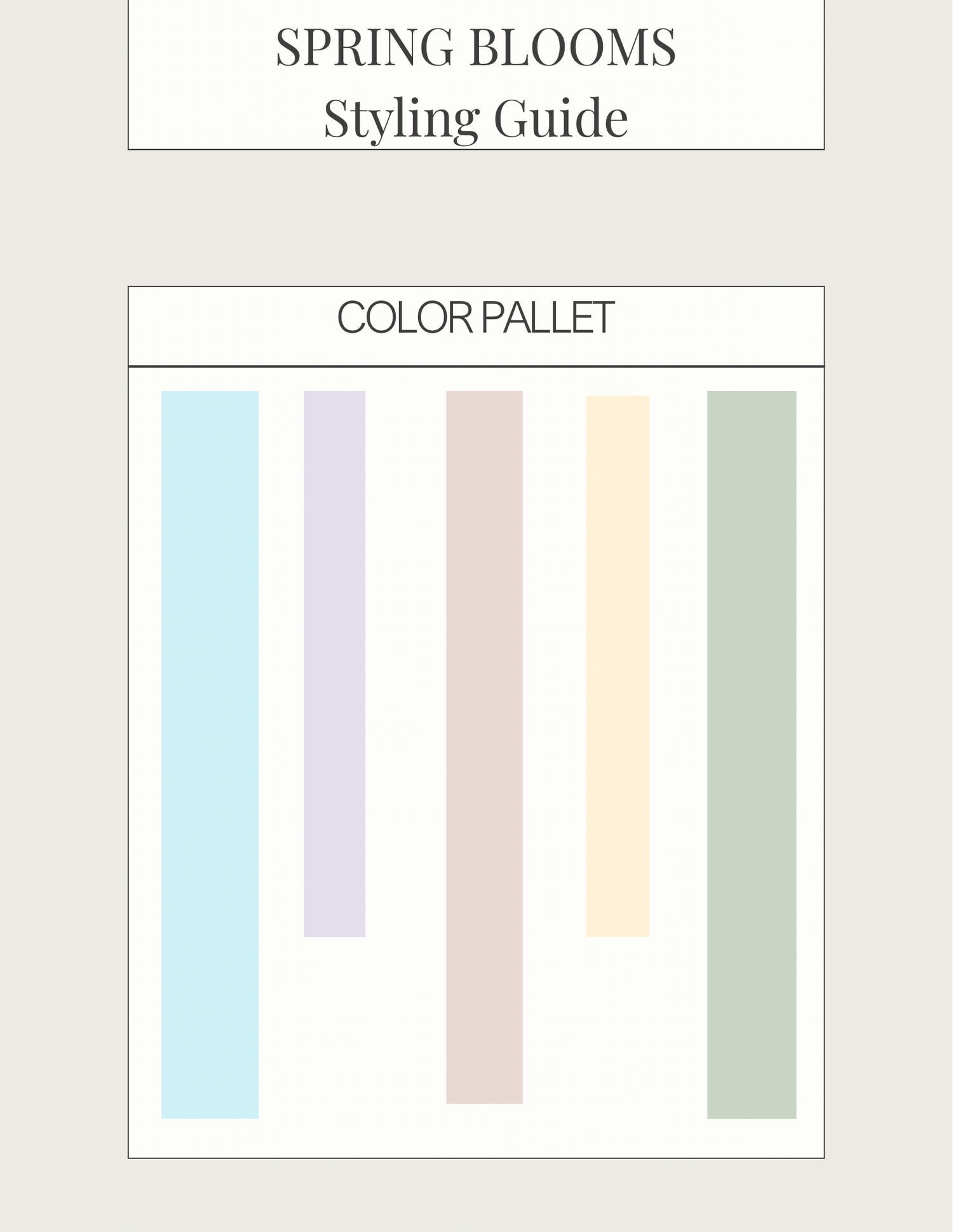 A spring-themed color palette featuring soft pastel shades of light blue, lavender, blush pink, cream, and sage green.