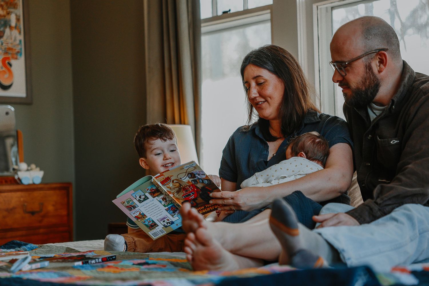A series of connected images showing adults and children reading books together at a table in warm natural light.