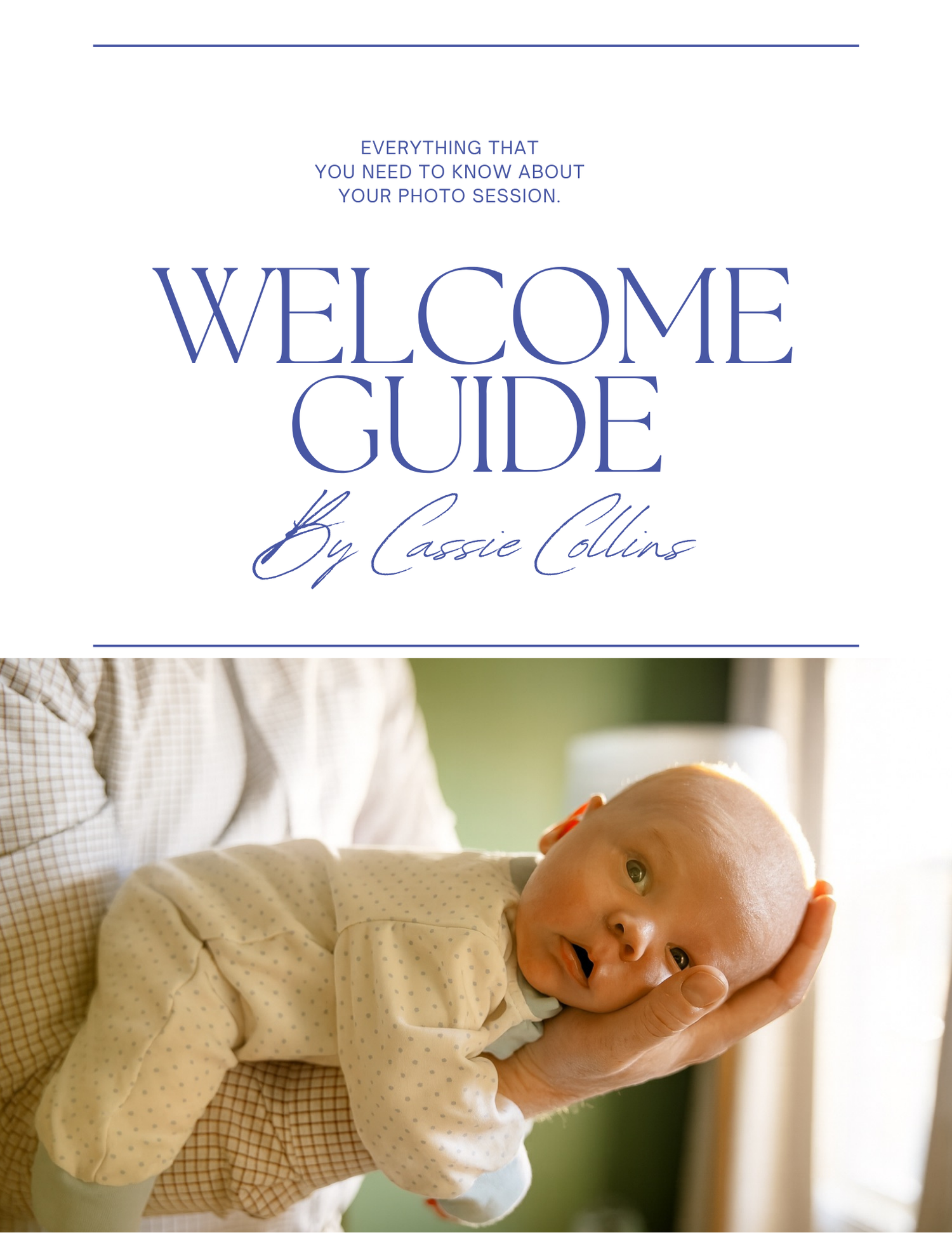 A professional photography website welcome page featuring a soft sage green and white color scheme with multiple baby photos.