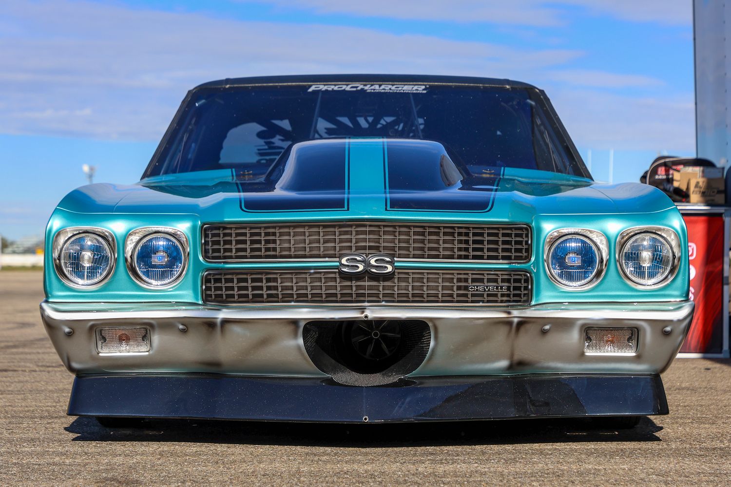 Front view of 1970 Chevy Chevelle drag car driven by Chevy Reeves, staged at Rad Torque Raceway during testing of 2024.
