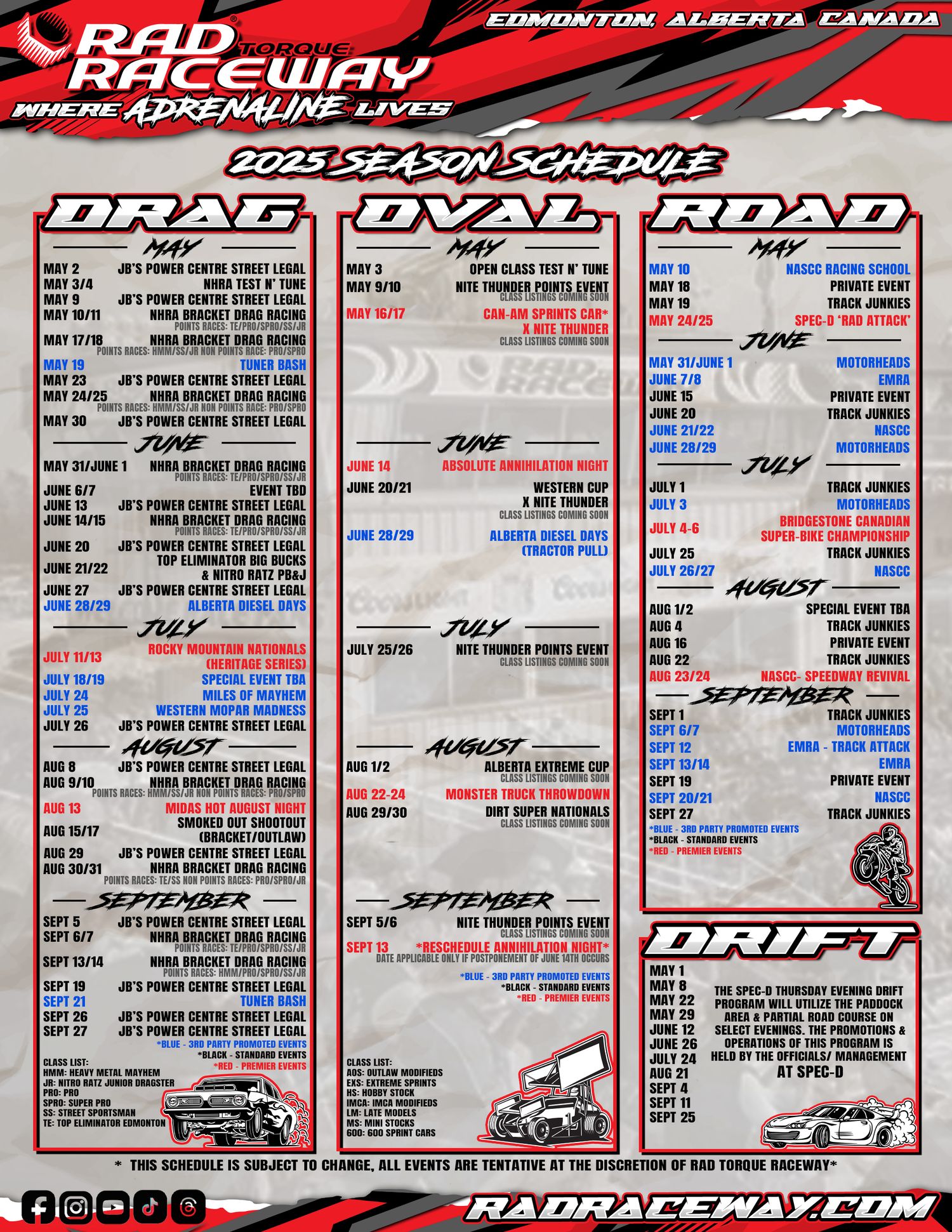 2025 Rad Torque Raceway season schedule flyer, covering drag, oval, road, and drift events in a clean, easy-to-read format.