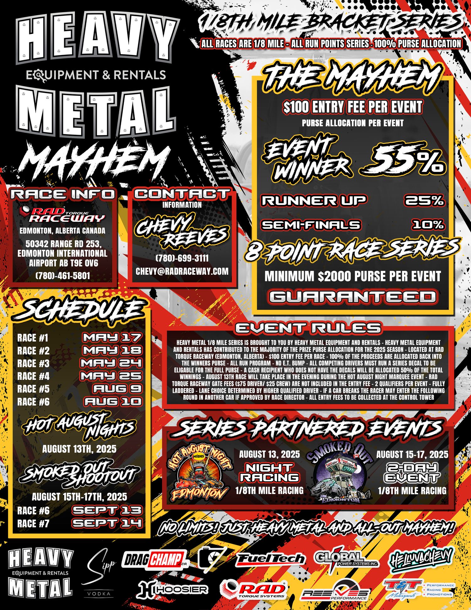 Full series flyer design for the 2025 Heavy Metal Mayhem bracket racing series, featuring bold colors and complete event info.