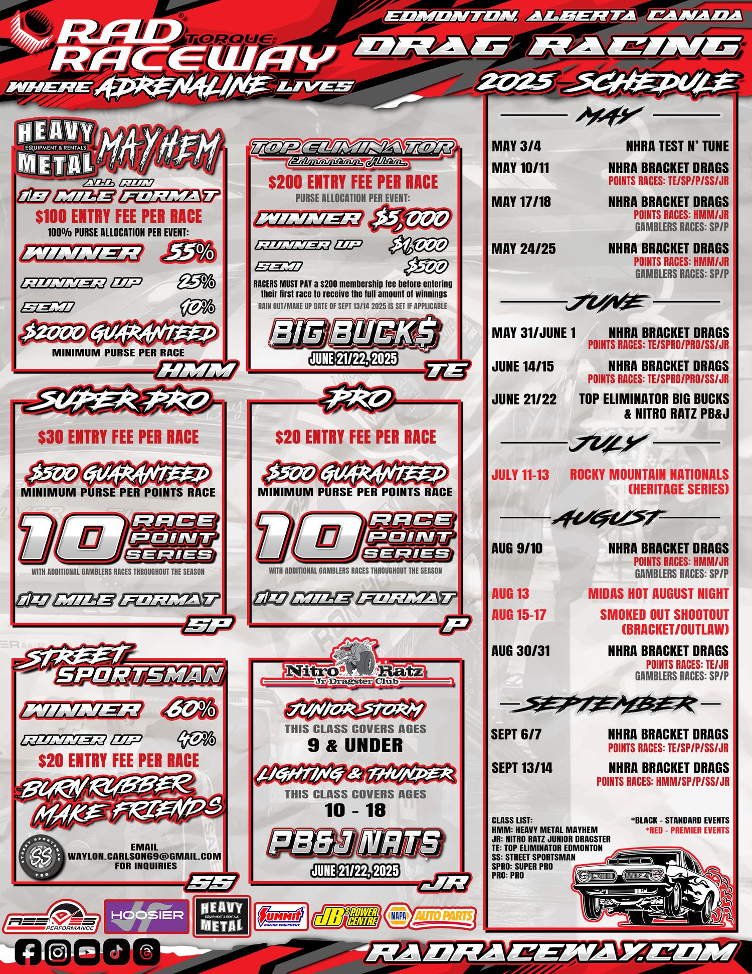 Detailed drag racing event flyer for Rad Torque Raceway, featuring class breakdowns, entry fees, and series info.