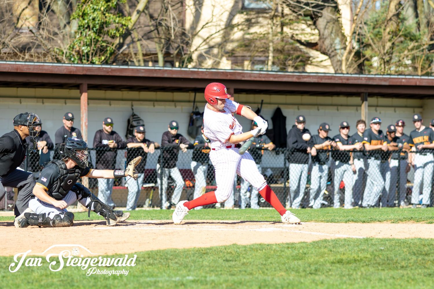 Baseball players in uniforms line the field during a sunny game day as spectators watch from benches in the background.