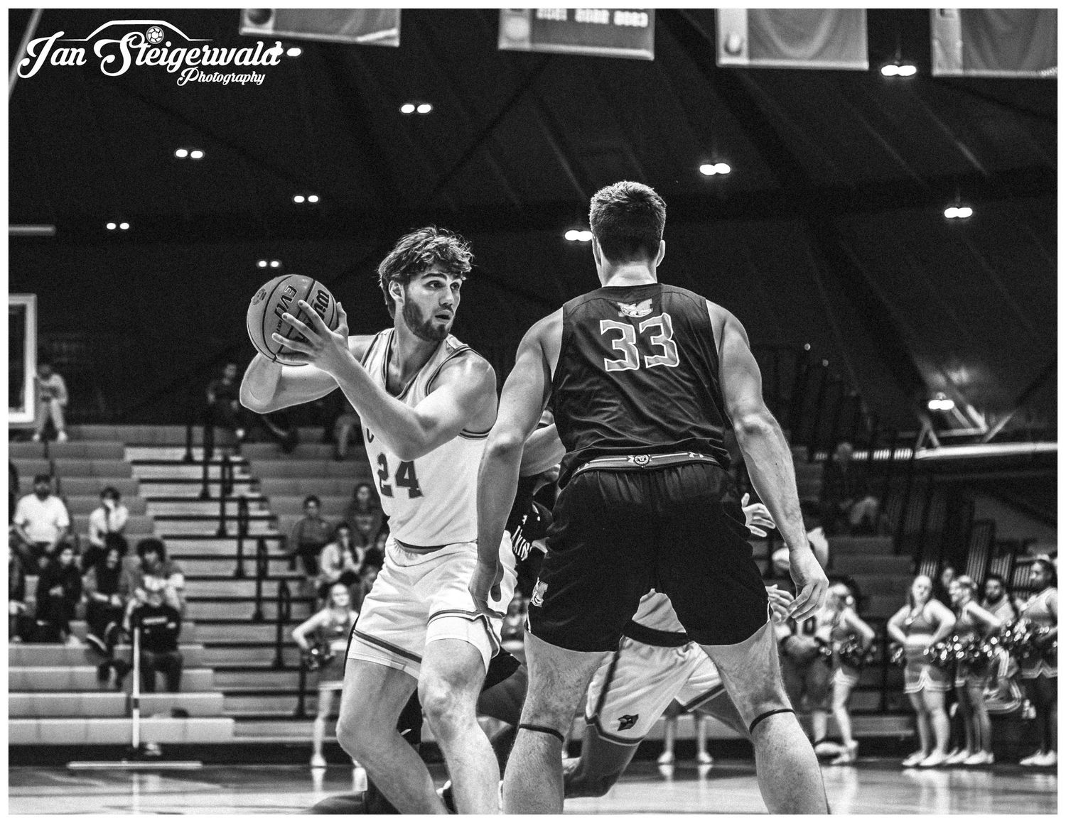A sequence of black and white basketball action shots showing players in motion on the court during a game.