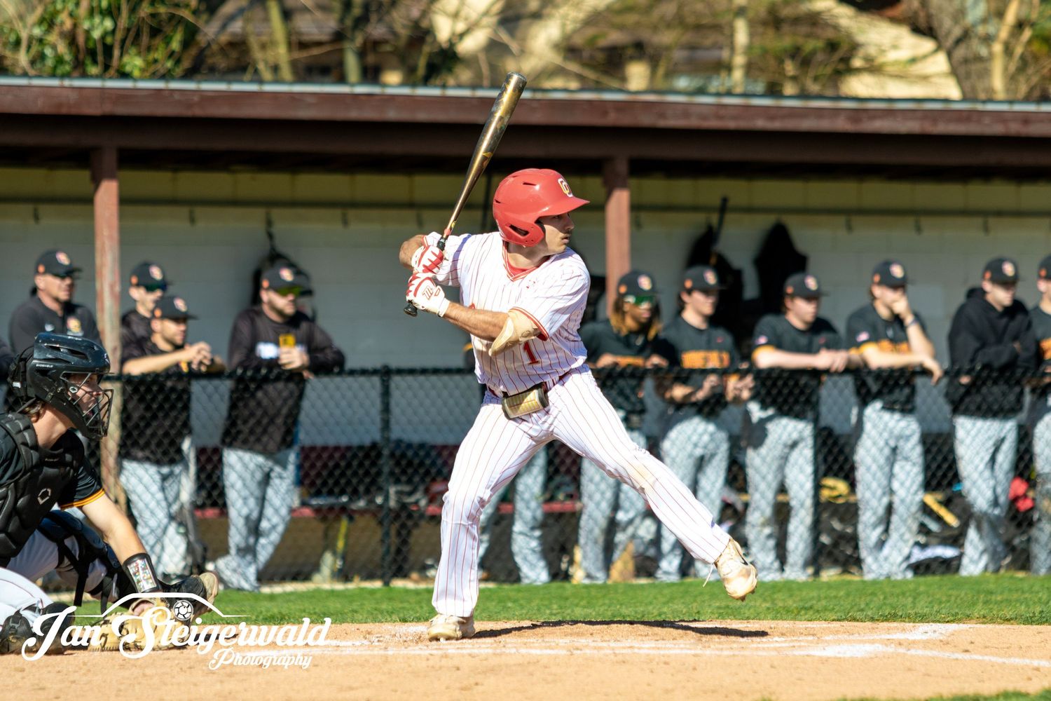 Baseball player executes a pitching motion on the field during a game with teammates watching from the dugout.