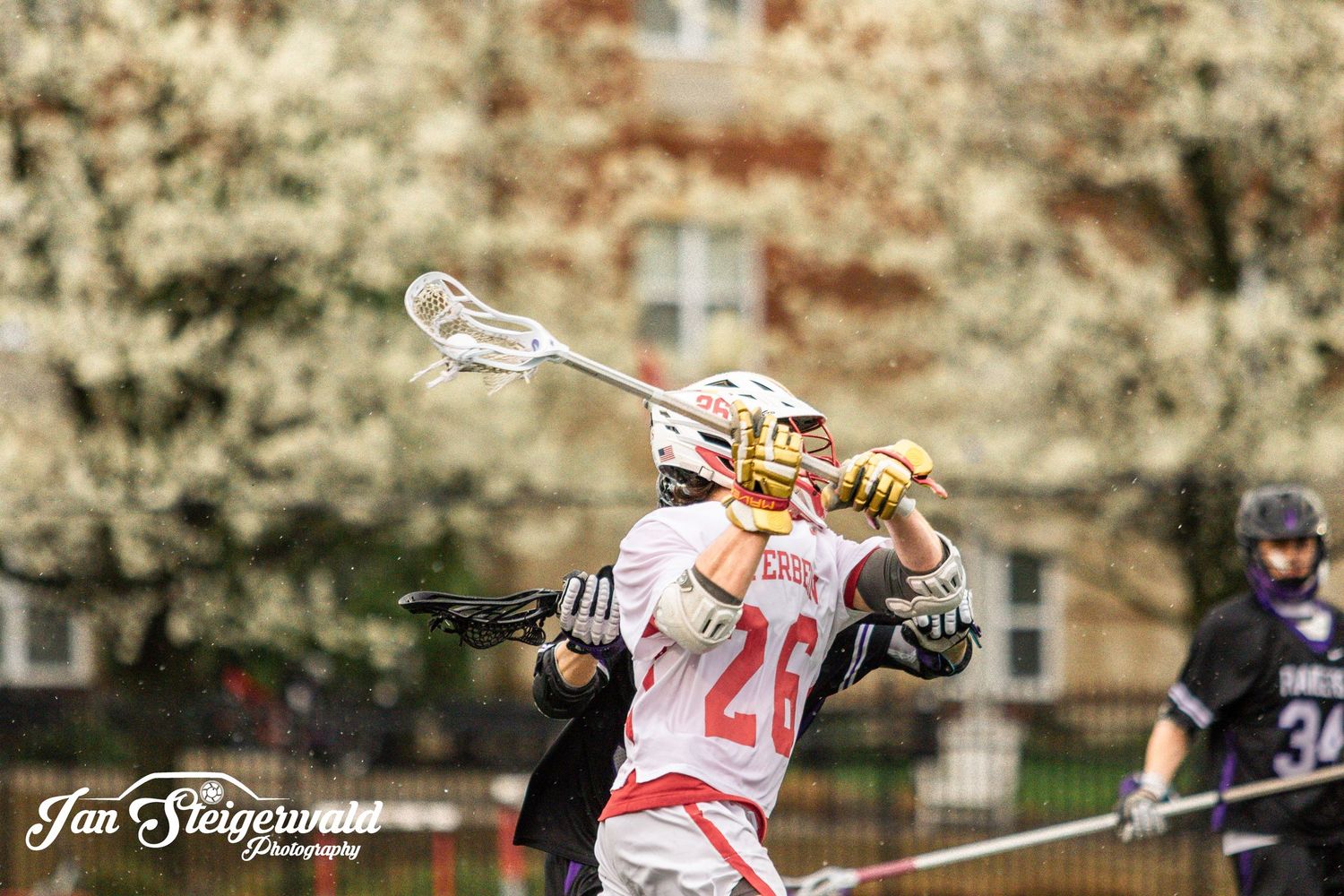 College lacrosse player in white and red uniform takes aim with stick during competitive game on field.