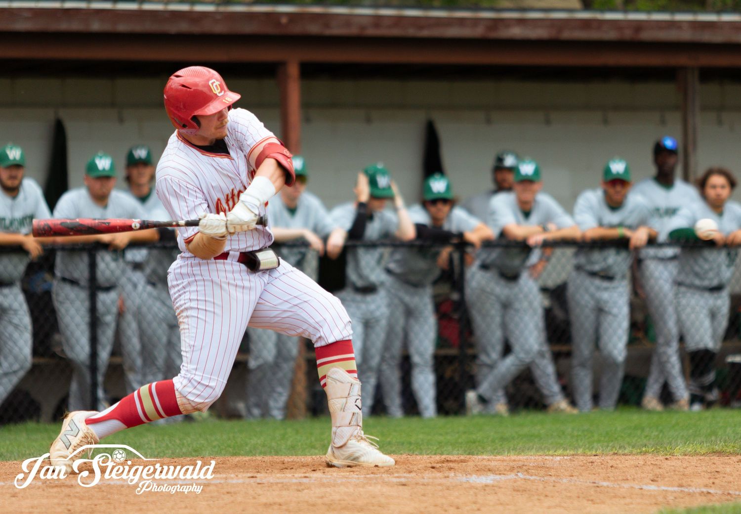 Baseball player wearing red cap and white uniform performs bunting stance during competitive game.