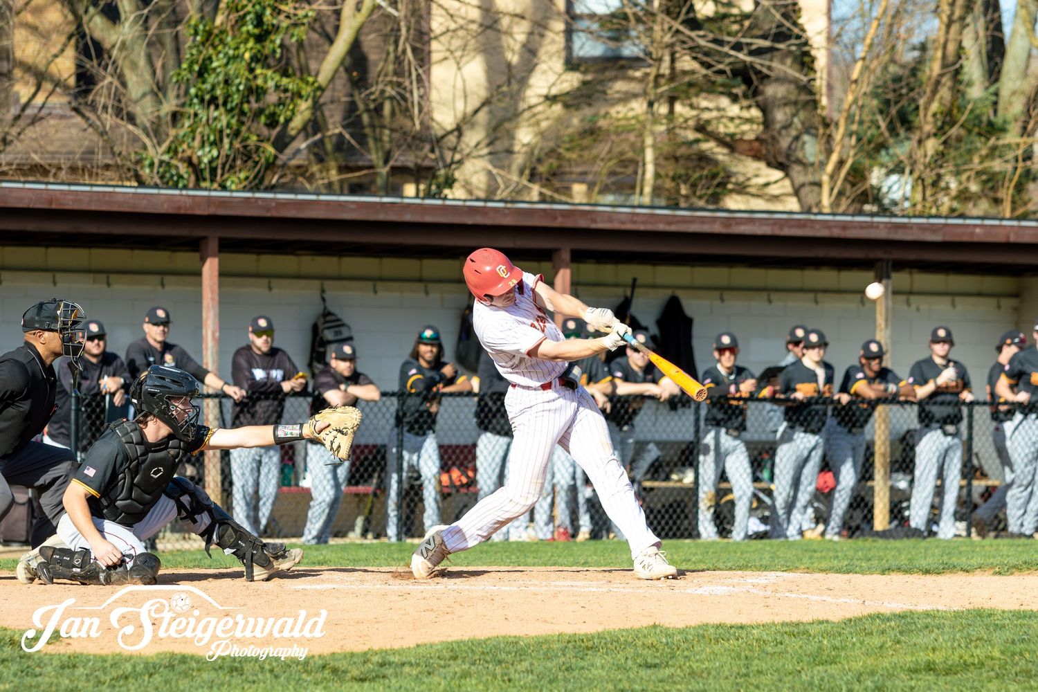 Baseball player swings bat during game with team dugout in background on sunny day during spring baseball match.