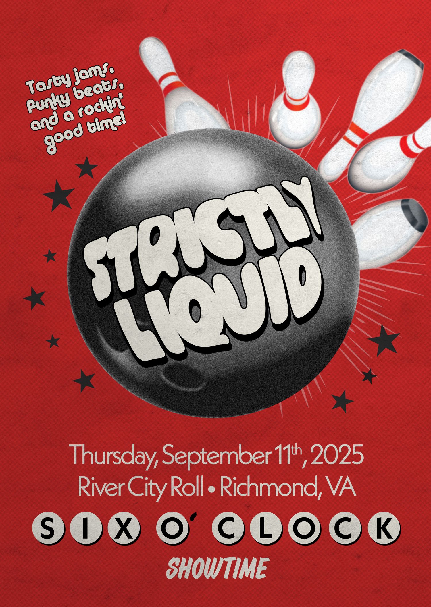 Red promotional banner design for a bowling event featuring black bowling pins and text for River City Roll in Richmond VA.