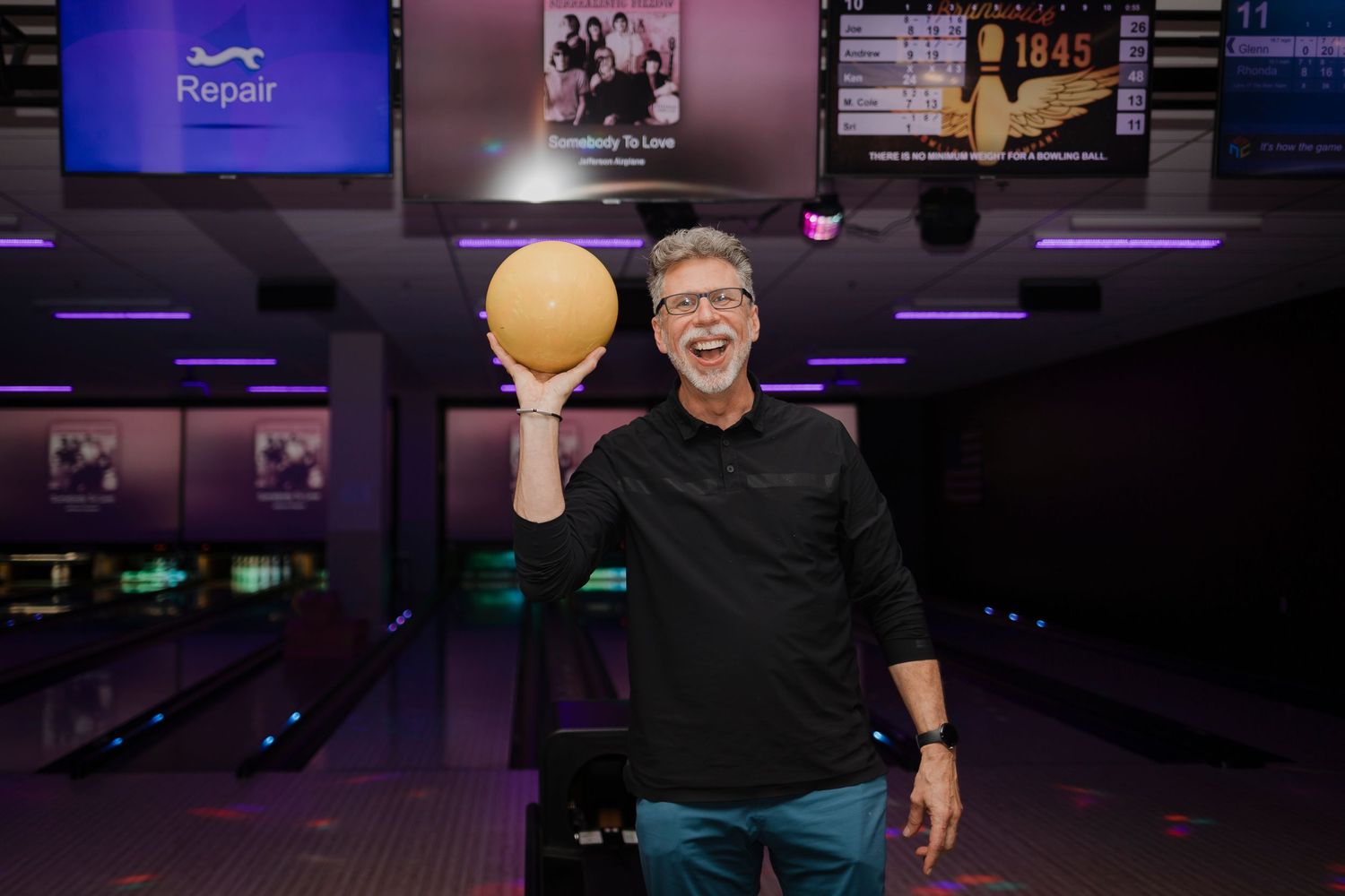 Six bowling pins arranged like film stills show a bowling throw sequence under colorful lane lighting.