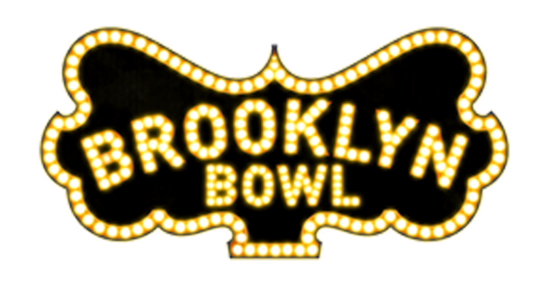 Illuminated vintage Brooklyn Bowl sign with yellow lights on black background in retro marquee style.