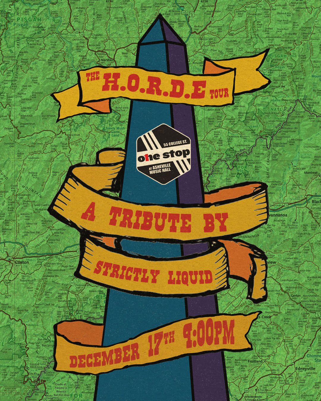 A textured green background with a dark blue tower shape and orange banner ribbons displaying event text.