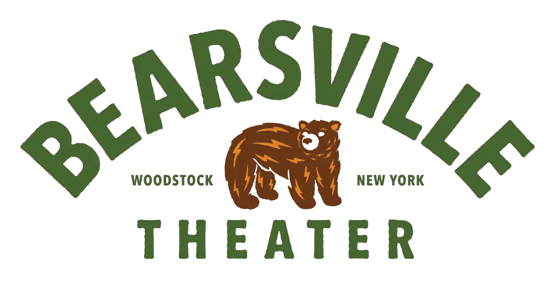 A vintage green and brown theater logo for Bearsville featuring a bear illustration and Woodstock, New York text.