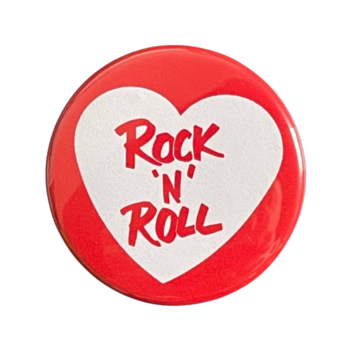 Red and white heart-shaped buttons with text spelling out 'Rock and Roll' against a white background.