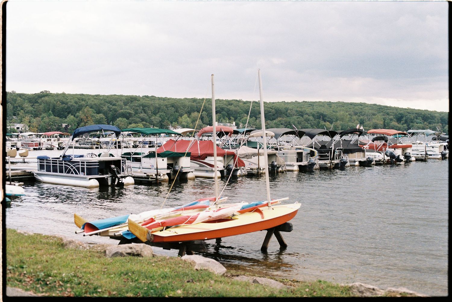 Colorful sailboats docked at a busy marina with pontoon boats and lush green trees in the background on a cloudy day.
