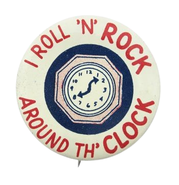 Vintage round clock designs with text 'Rock Around the Clock' in red and blue retro typography style.