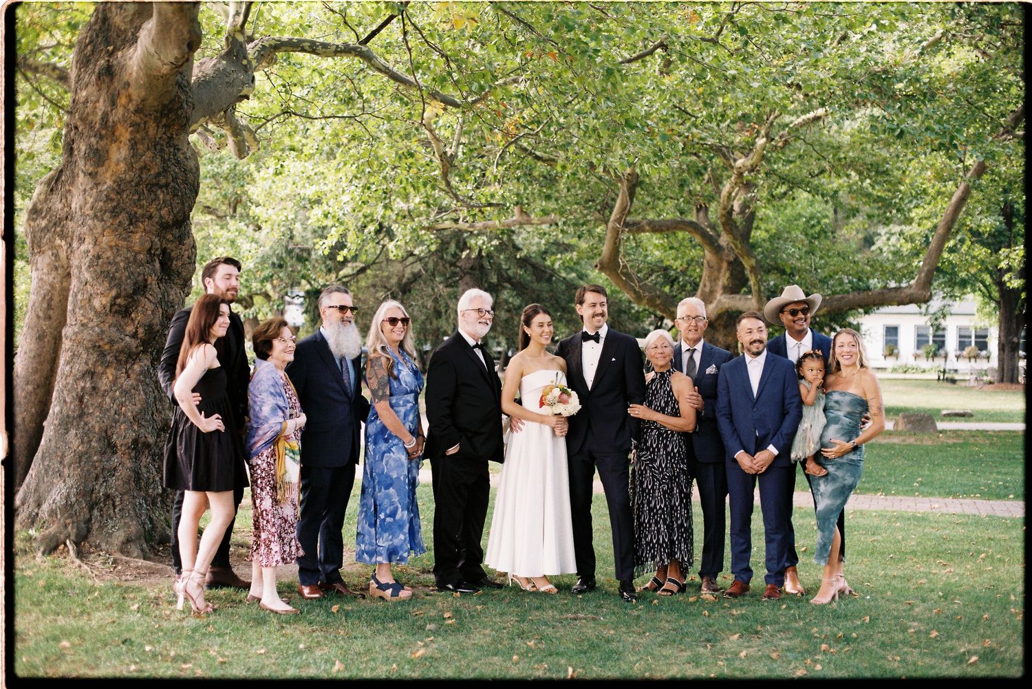 Wedding party poses under large trees in a lush green park, bride in white gown surrounded by family.