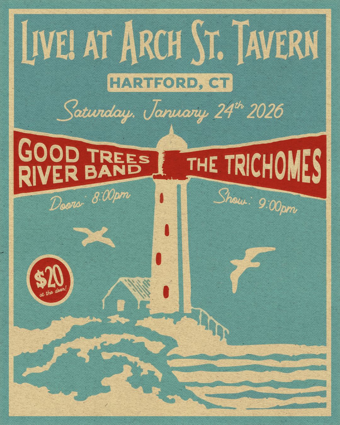 Vintage-style concert poster for Good River Band and The Trichomes at Arch St. Tavern featuring a lighthouse illustration.