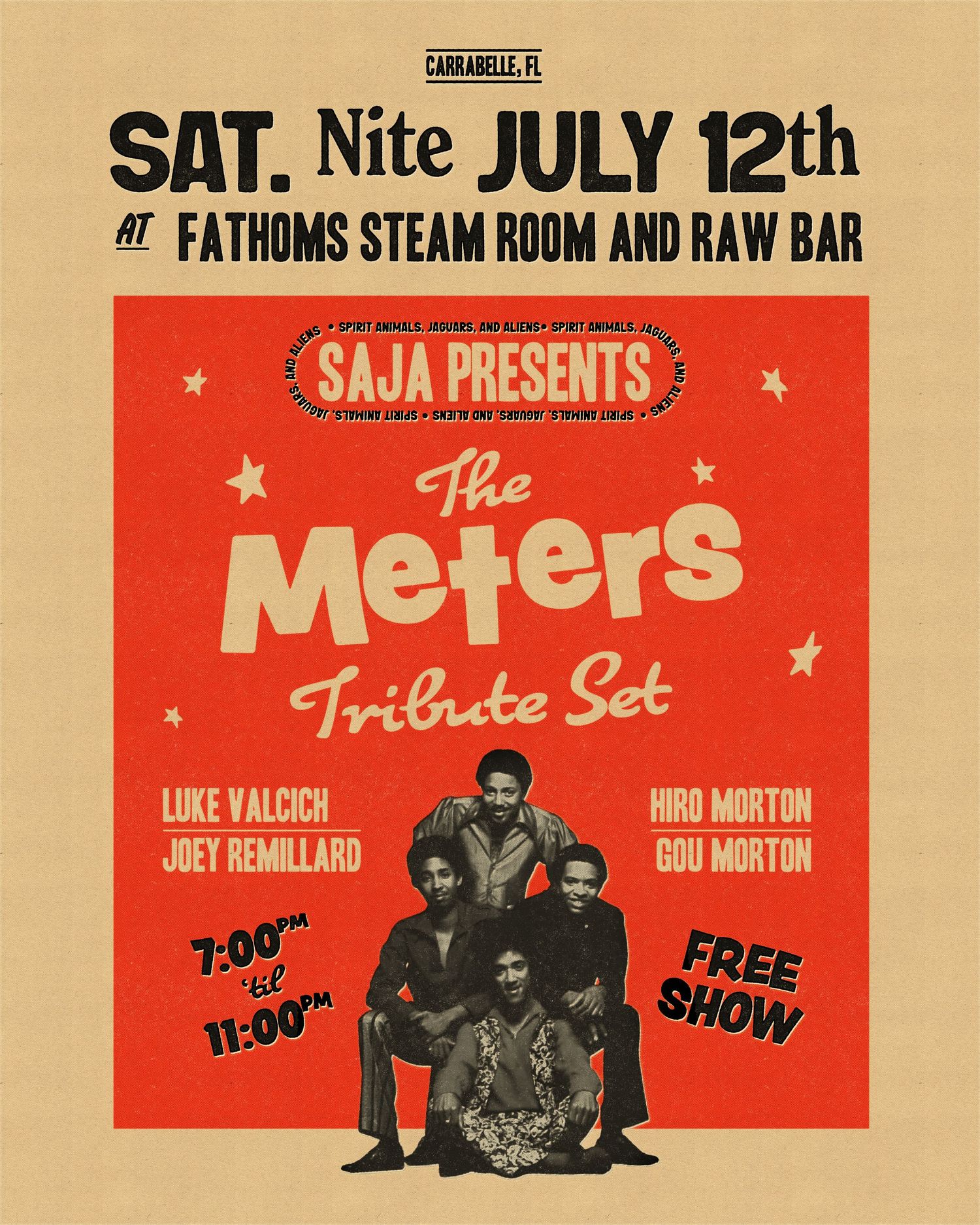 Vintage-style concert poster in sepia tones advertising a music show at Fathoms Steam Room and Raw Bar on July 12th.