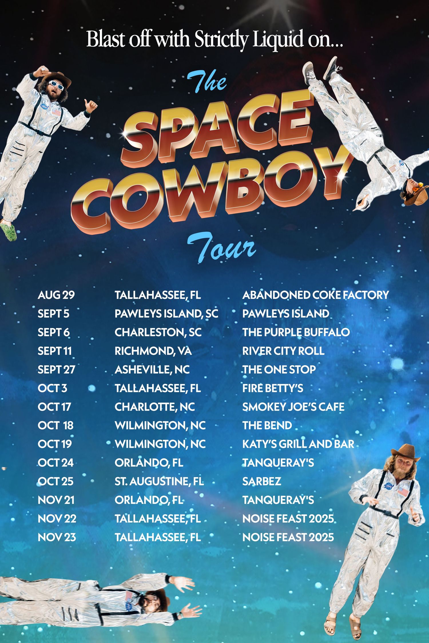 A space-themed concert tour poster featuring astronaut figures floating against a starry background with venue dates listed.