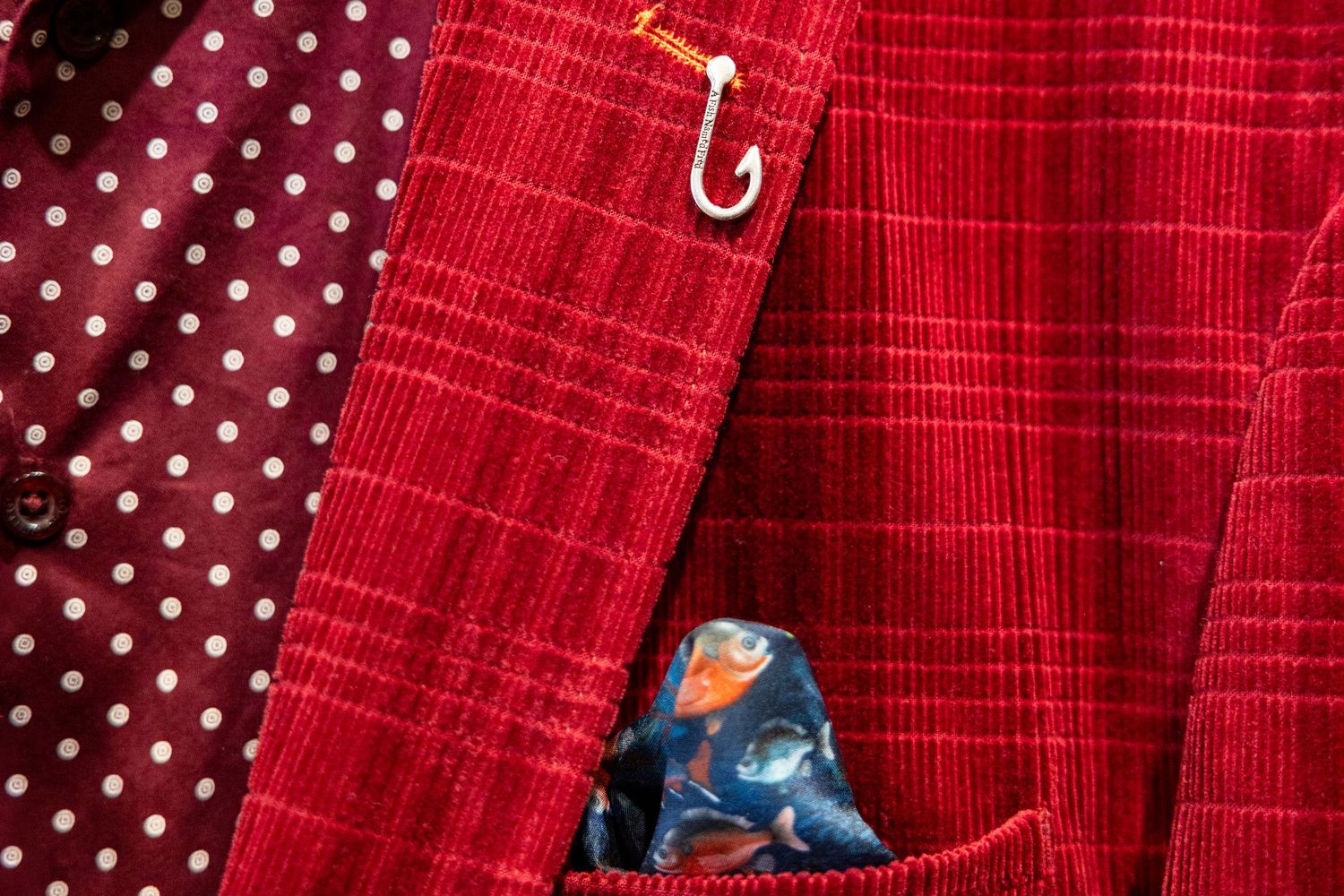 Red check jacket with a pocket square at Mitchell McCabe menswear, South Melbourne
