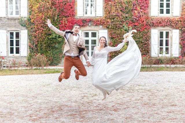Celebratory jumping photo sequence against backdrop of elegant building with autumn vines.