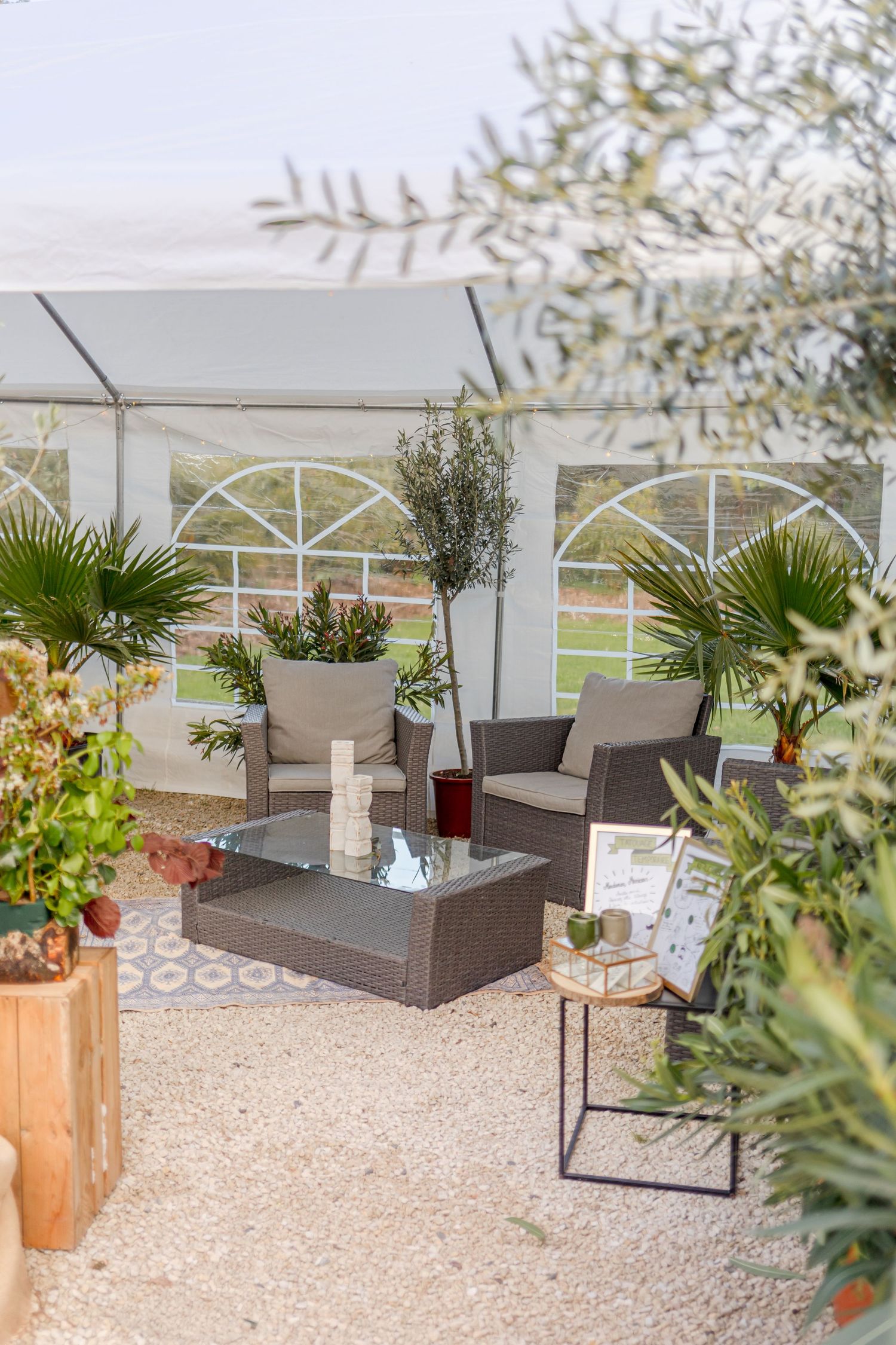Outdoor lounge area with wicker furniture and palm plants under a white tent.