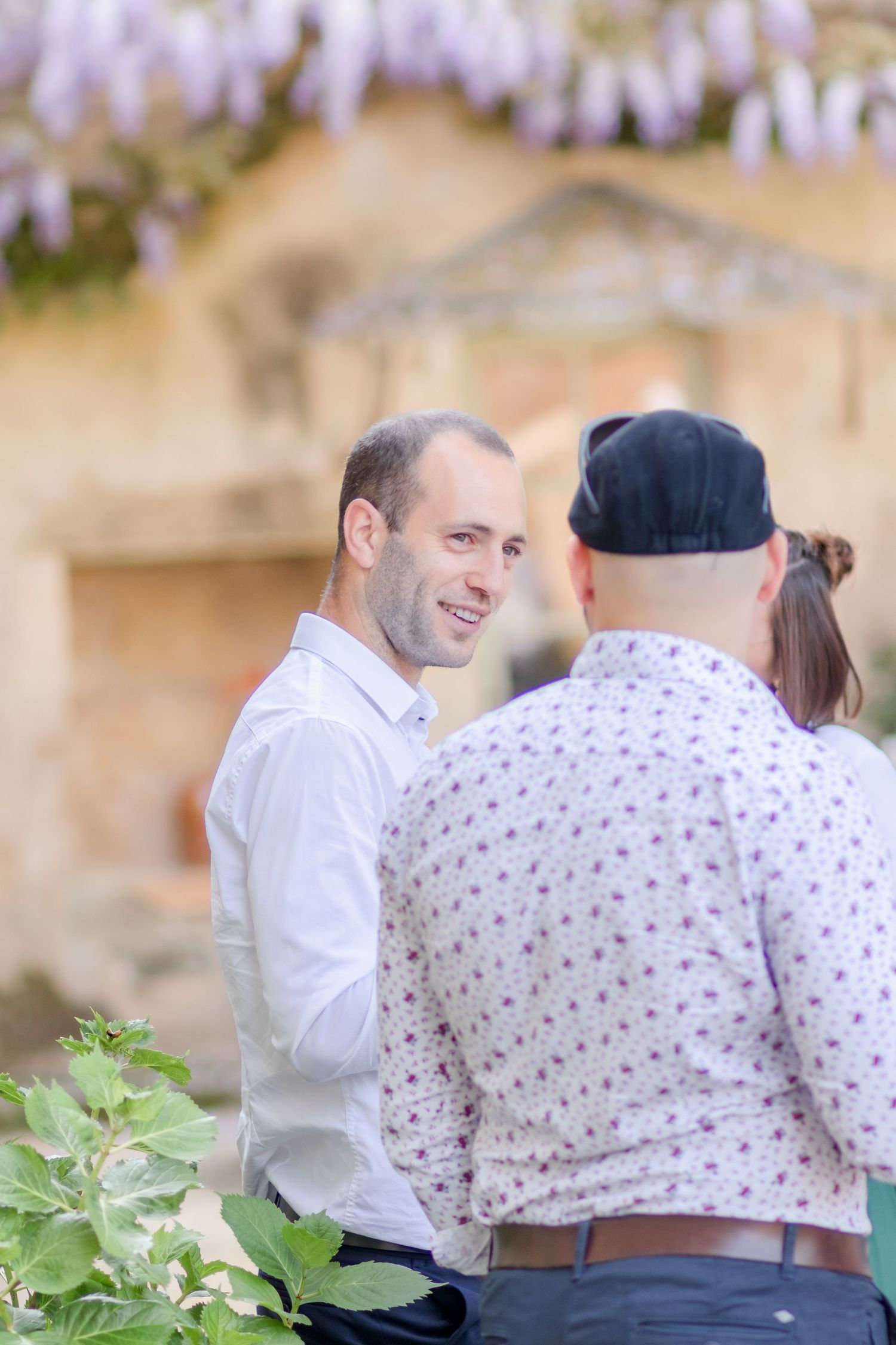 Outdoor gathering with guests seated beneath blooming wisteria.
