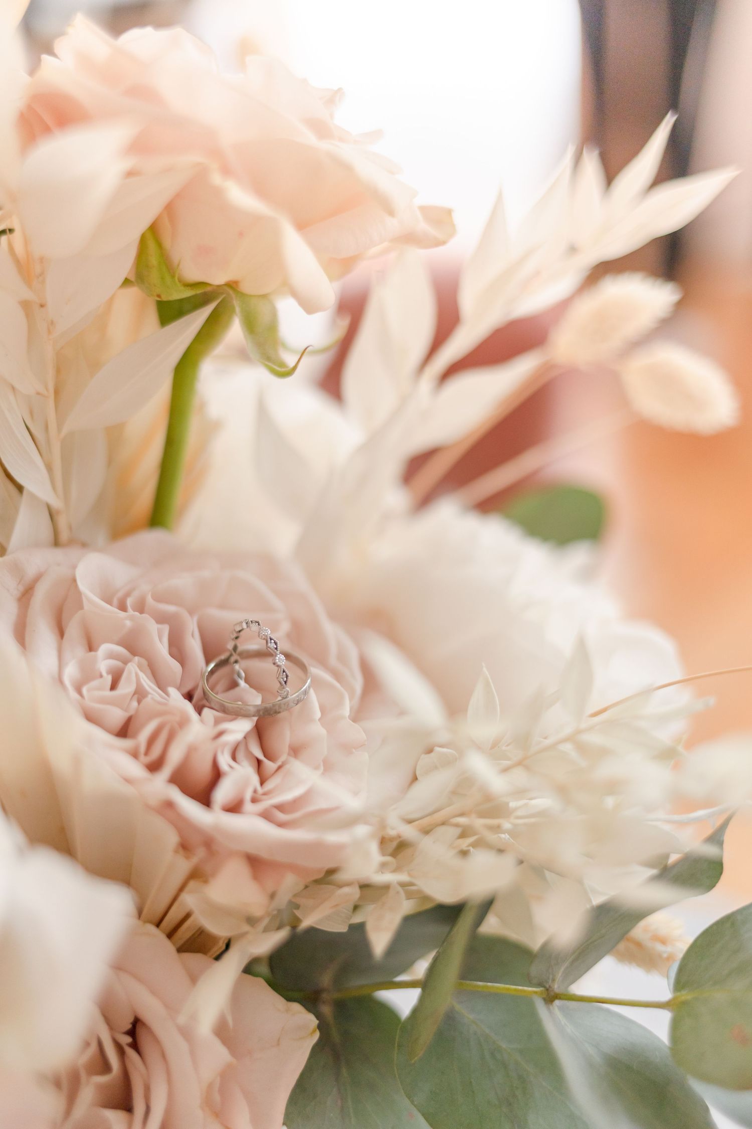 Macro shot of blush pink roses and white flowers with delicate petals.