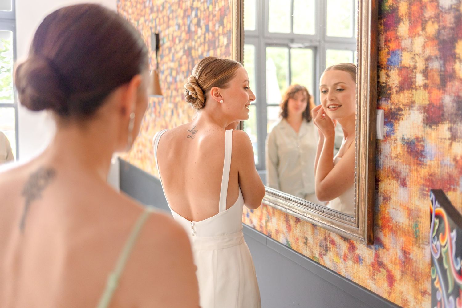 A bride getting ready for her wedding, shown in a sequence of photos with a colorful blurred background.