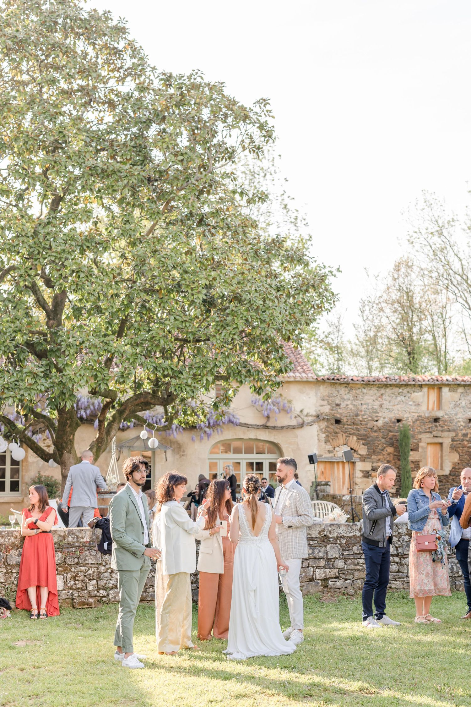 Wedding reception guests gathered under large tree in garden courtyard.