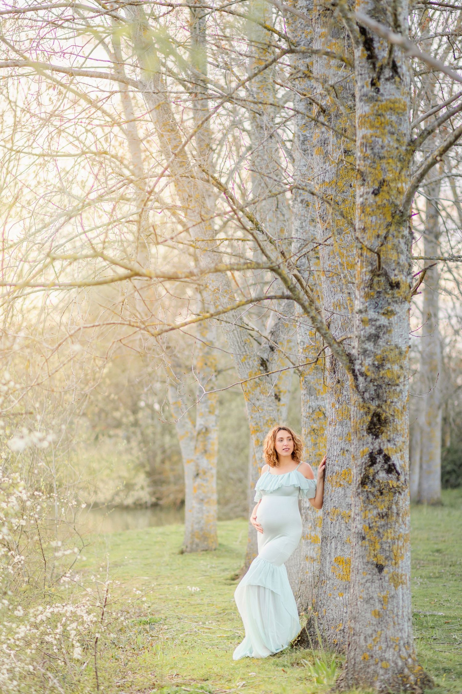 Dreamy full-length maternity portrait among birch trees in golden afternoon light.