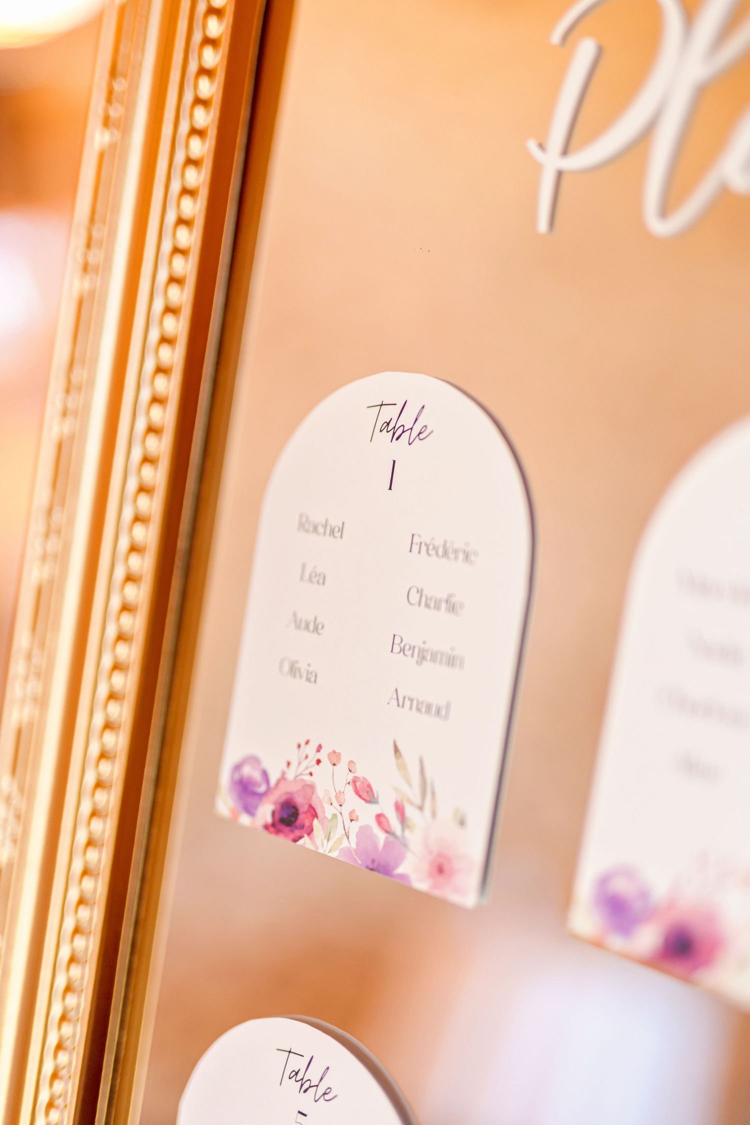 Close-up of a wedding seating arrangement card with delicate watercolor floral details in purple and pink.