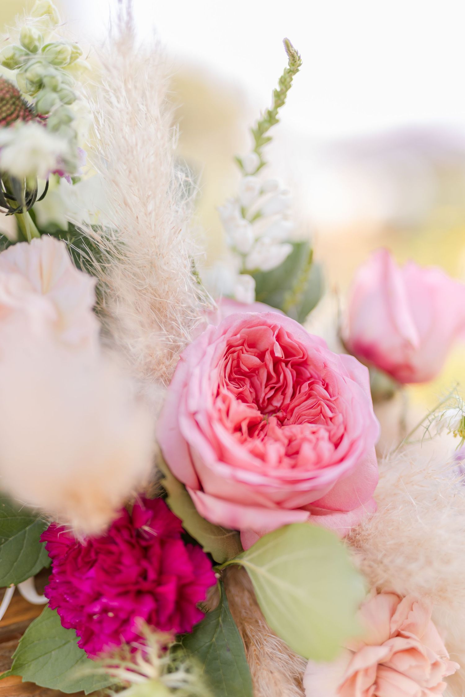 Close-up of a pink garden rose with deep red carnations and white pampas grass in a floral arrangement.